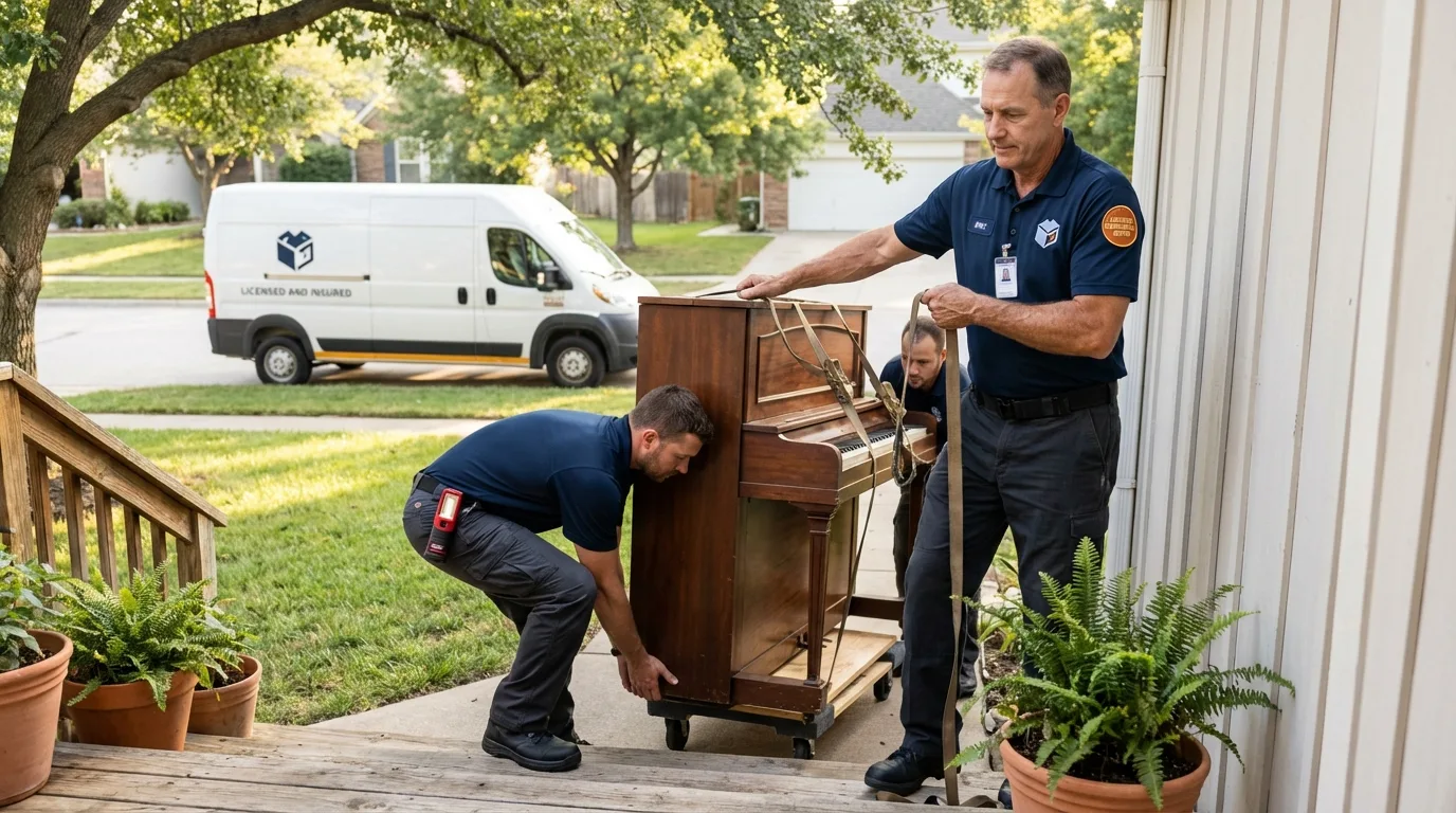 Licensed piano movers securing grand piano in Old Town, ME