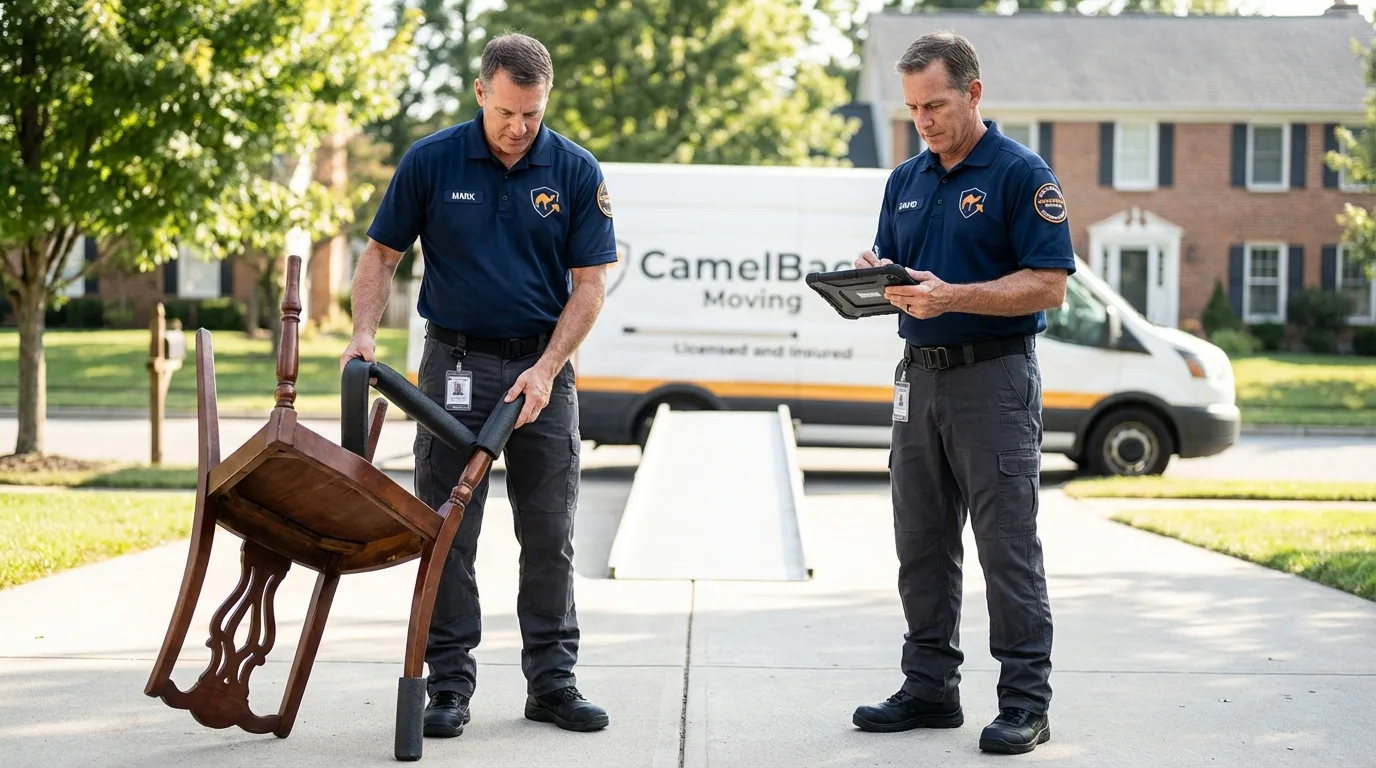 Movers inspecting furniture for damage prevention before loading in Old Town, ME