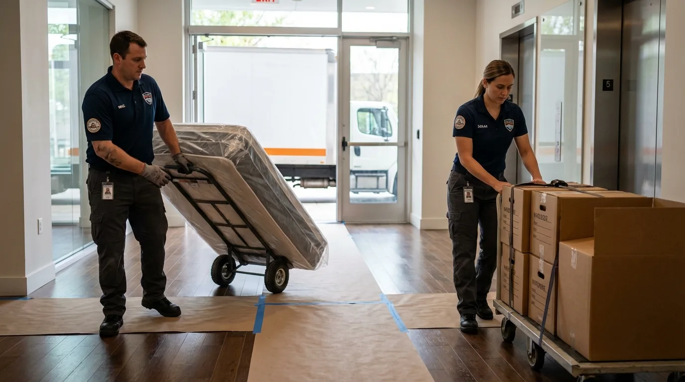 Professional apartment movers loading elevator in Old Town, ME