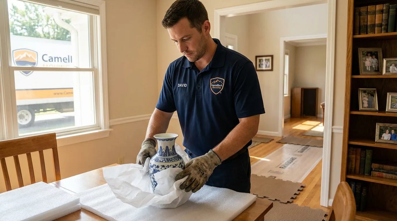 Professional crew carefully wrapping antique vase for senior downsizing move in Old Town, ME