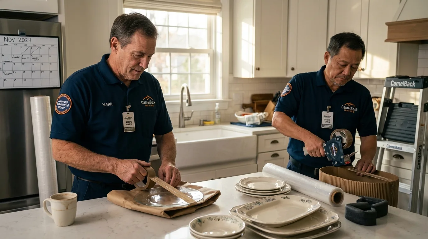 Professional crew packing kitchen dishware in Old Town, ME